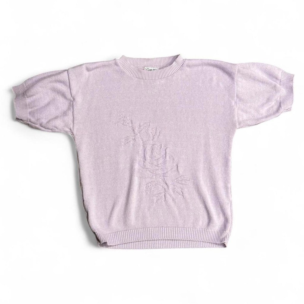 Vintage, 90's Light Purple short sleeve knit sweater, Embroidered rose design